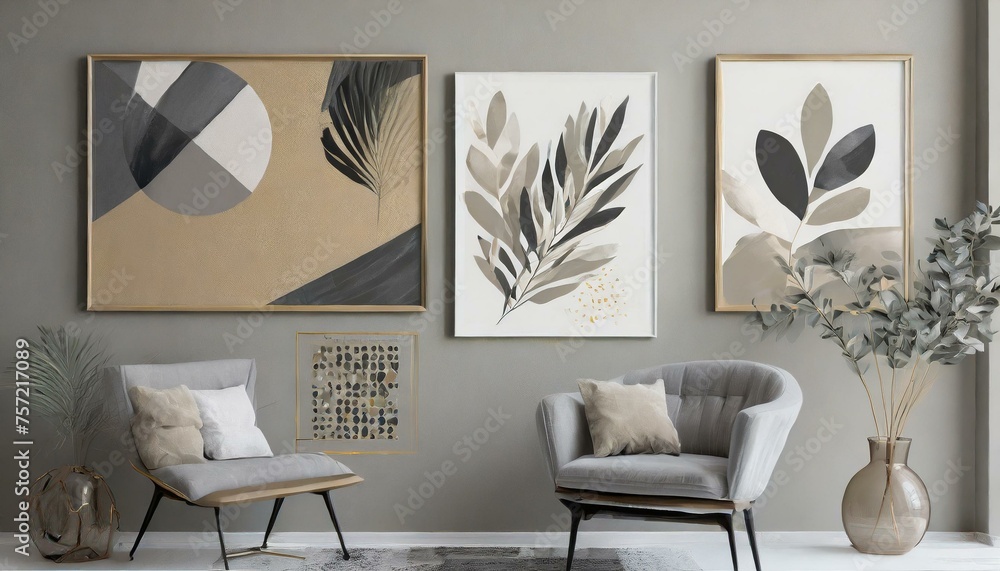 a series of wall decor elements that embrace the elegance of simplicity. Utilize minimalist frames, monochromatic color schemes, and carefully selected wall decals to achieve a modern and chic aesthet - obrazy, fototapety, plakaty 