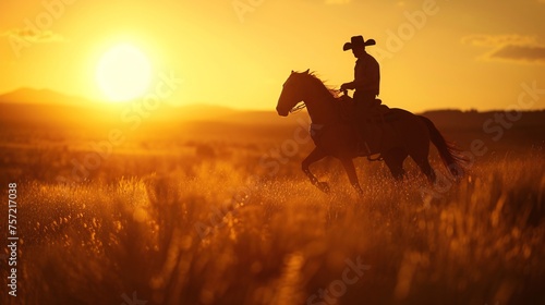 a man riding a horse in a field of tall grass © Tatiana