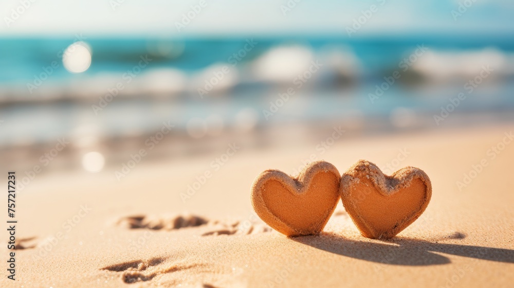Hearts in the sand on the beach with blurred background, ocean beach nature love concept. Hearts in the sand on the beach with blurred background, ocean beach nature love concept.