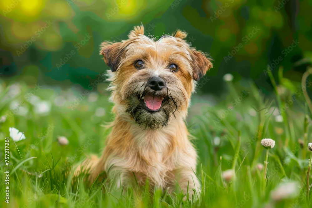 Happy Small Brown Dog Enjoying Nature in a Vibrant Green Meadow with Delicate White Flowers Springtime Scene