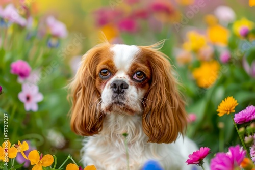 Portrait of a Cute Cavalier King Charles Spaniel Dog Among Vibrant Spring Flowers in a Blossoming Garden