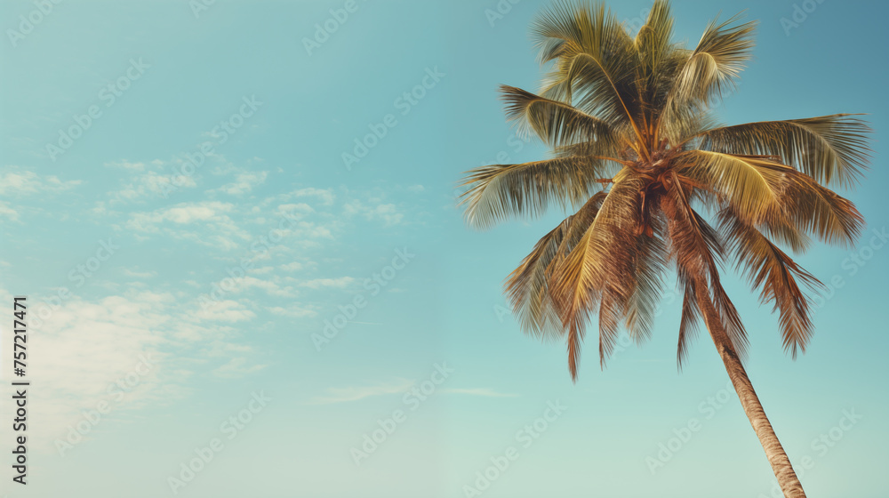 Coconut palm tree under blue sky . Vintage style. Tropical background