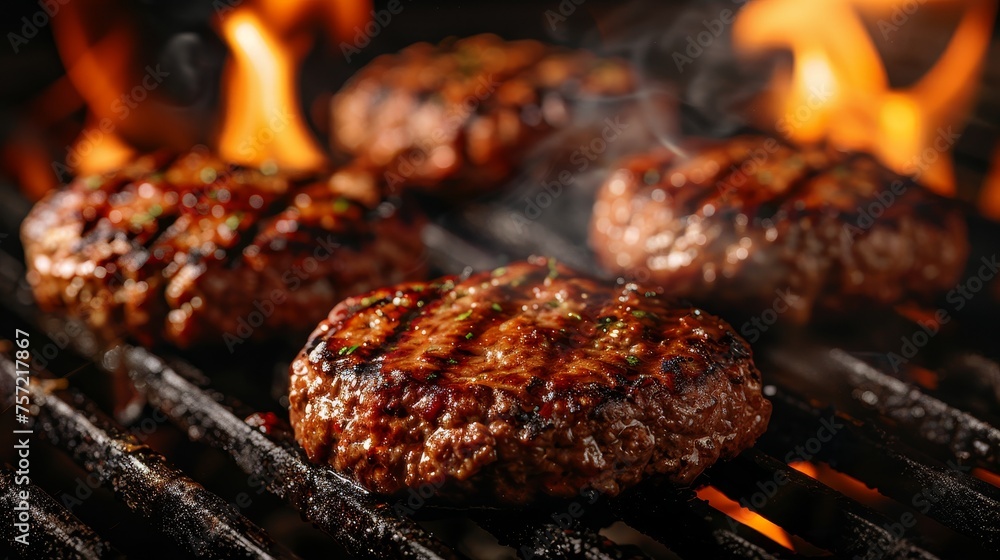 Juicy beef hamburger patties sizzling over hot flames on the barbecue. Juicy beef hamburger patties sizzling over hot flames on the barbecue.