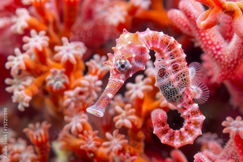 Macro Shot of a Colorful Seahorse Camouflaged Amongst Vibrant Red Coral in a Serene Marine Setting © pisan