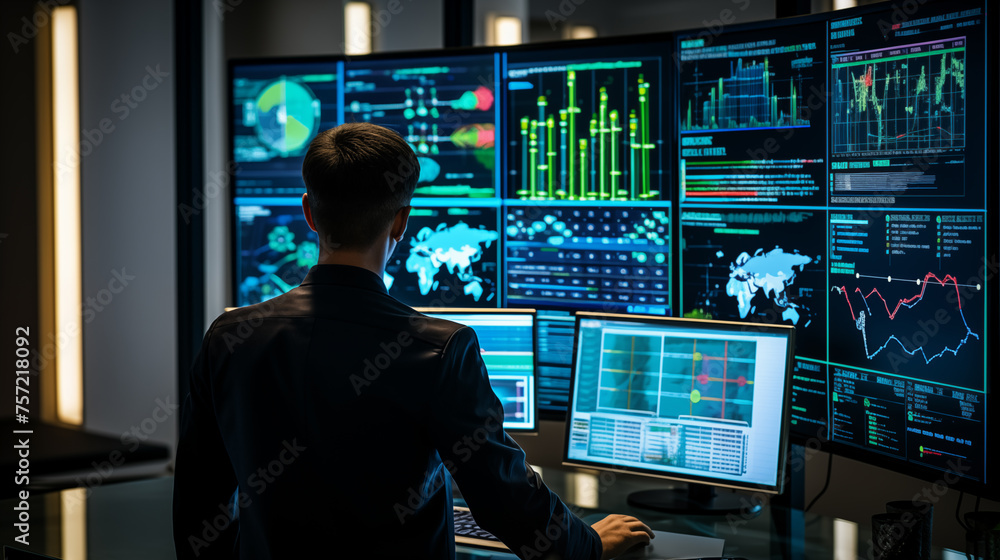 Man analyzing digital information across screens ai generated image background Man analyzing digital information across screens ai generated image background