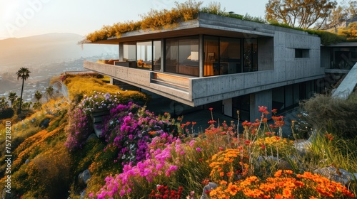 concrete house with a green roof, harmonizing with a flower garden that adds a burst of color and natural beauty to the contemporary architecture