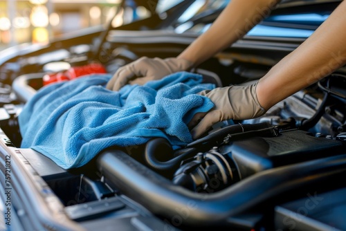 Close up hand of mechanic cleaning car engine with microfiber cloth. Auto detailing professional service. © Straxer