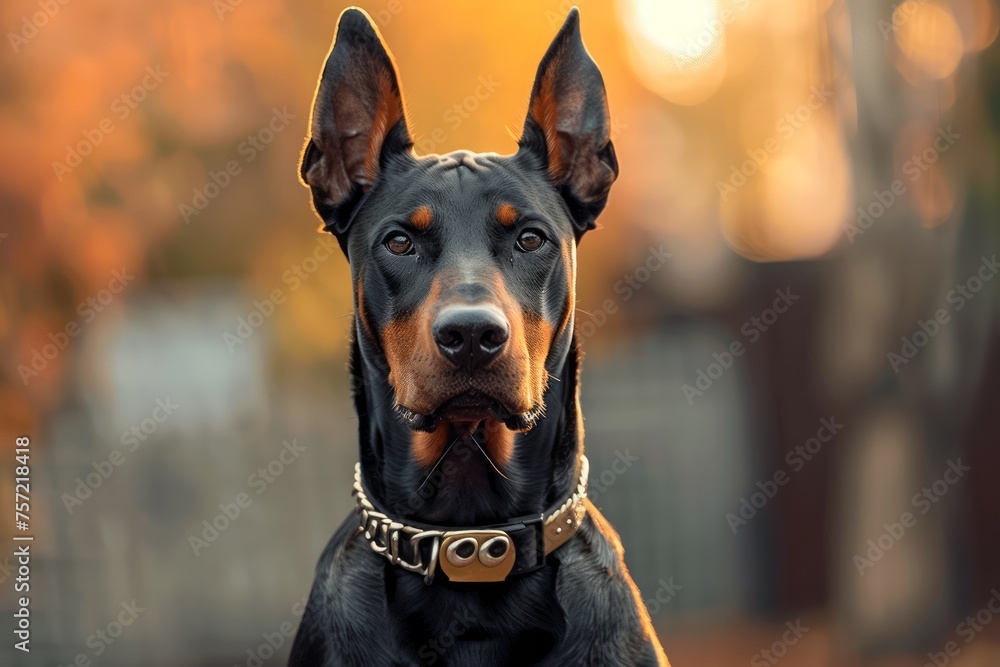 Majestic Doberman Pinscher Dog with Sharp Ears and Shiny Coat Posing in Autumn Nature Majestic Doberman Pinscher Dog with Sharp Ears and Shiny Coat Posing in Autumn Nature