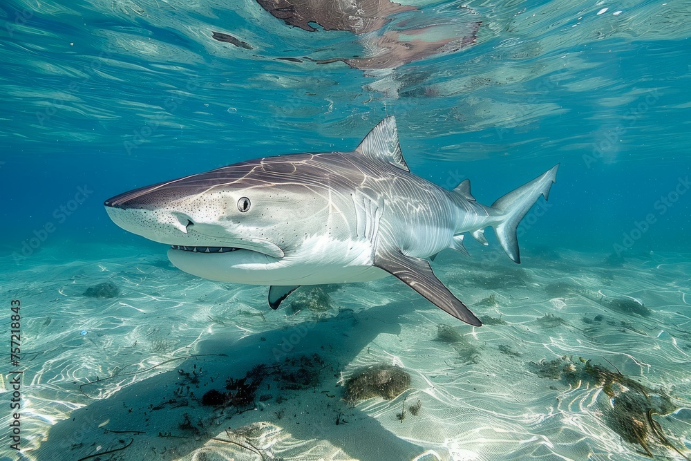 Fototapeta premium Majestic Shark Swimming in Crystal Clear Ocean Waters, Underwater Marine Life, Predatory Fish in Natural Habitat