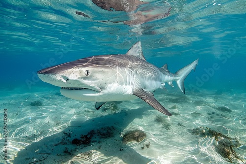 Majestic Shark Swimming in Crystal Clear Ocean Waters  Underwater Marine Life  Predatory Fish in Natural Habitat
