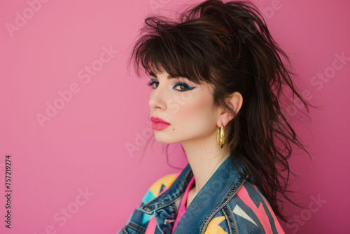 Woman with 80s style clothes and mullet haircut, nostalgia concept.