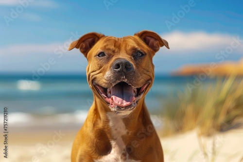 Happy Brown Dog Enjoying Sunny Beach Day with Blue Ocean Backdrop and Clear Sky