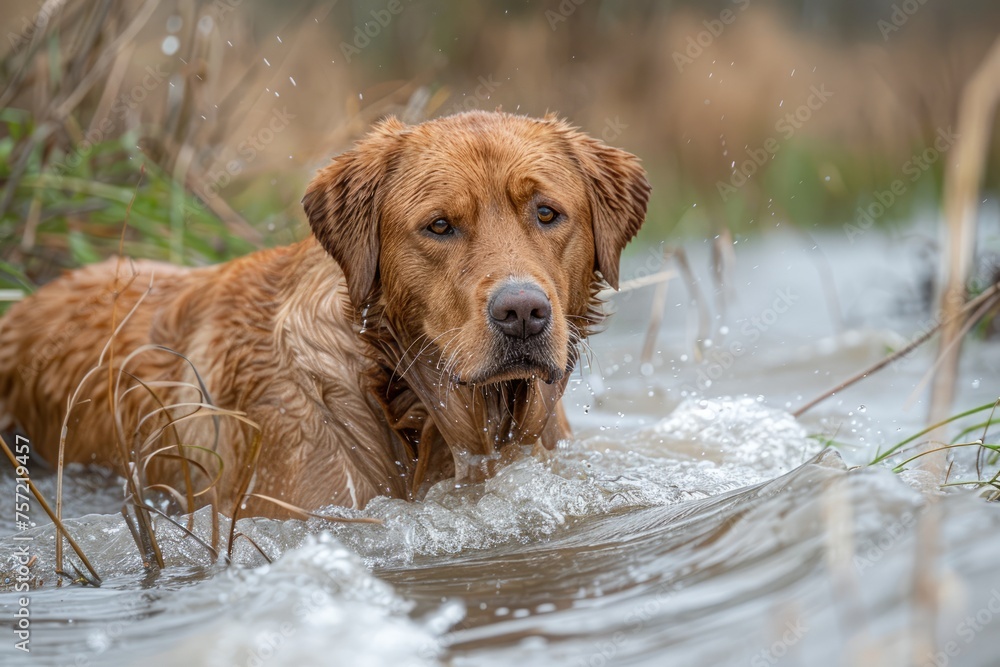 Wet Golden Retriever Dog Wading through Water with a Focused Expression in Lush Outdoor Setting