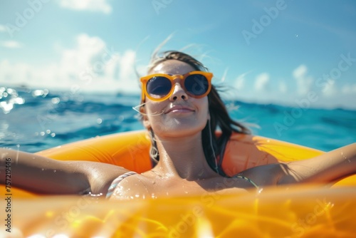 Woman in sunglasses on a floating buoy relaxing in the sea, leisure, summer concept.