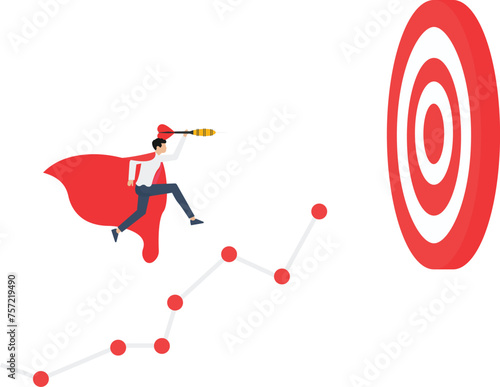 businessman with arrow run on line graph and jump to center of dartboard, Business Concept of targeting and customer, route to success