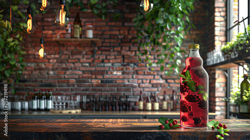 A contemporary bottle of berry infused water stands on a rustic bar, offering a contrast with the urban brick backdrop