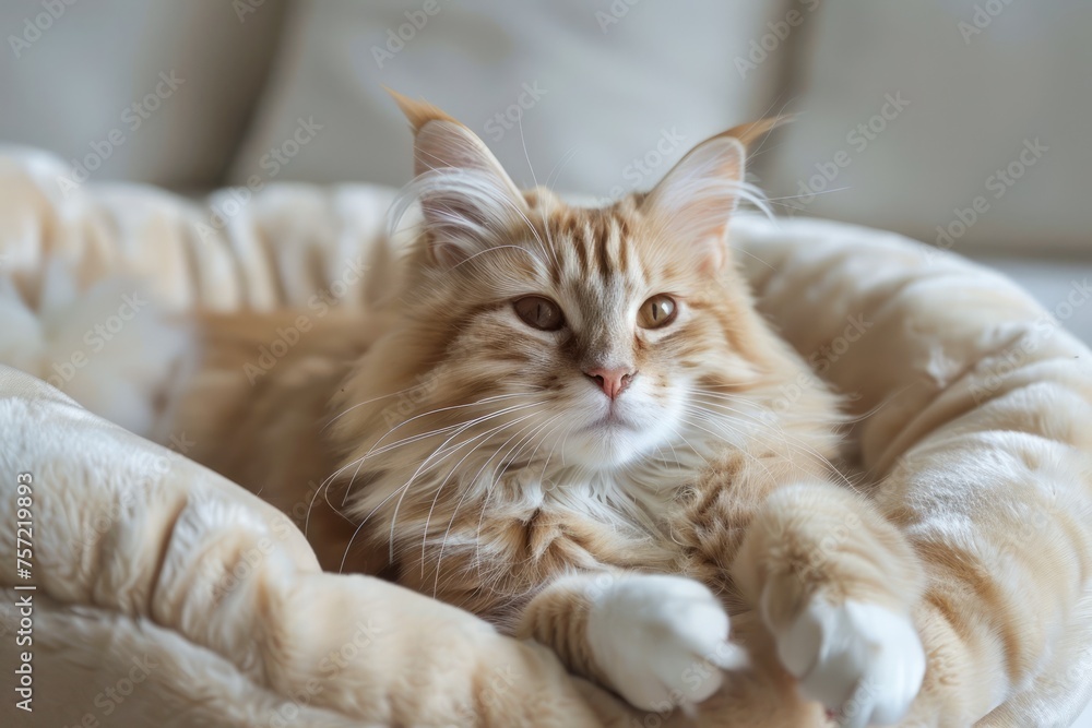 Majestic Orange Tabby Cat Lounging Comfortably in a Soft Pet Bed Indoors with Calm Demeanor Majestic Orange Tabby Cat Lounging Comfortably in a Soft Pet Bed Indoors with Calm Demeanor