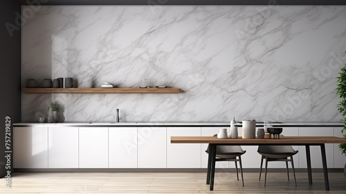 Panoramic white kitchen interior with simple cabinets, Minimalist design concept. 3d rendering