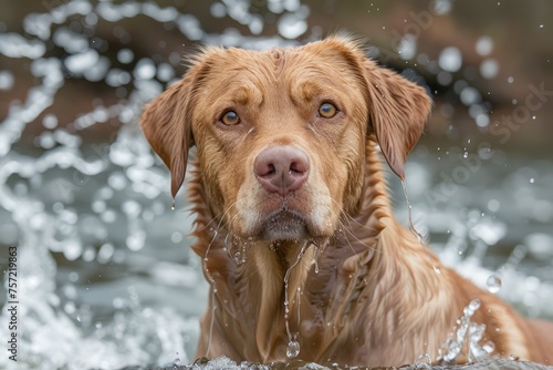 Close-up Portrait of a Wet Golden Retriever Dog with Expressive Eyes in Natural Waterfall Setting