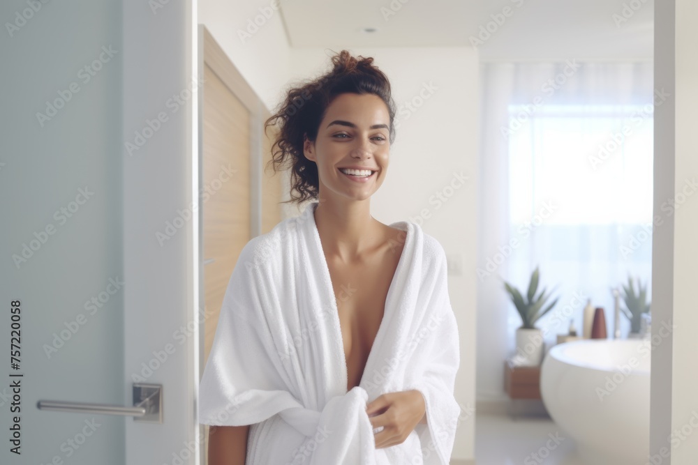 a hotel suite, as a young lady luxuriates in a soft bathrobe, emanating tranquility and relaxation amidst the lavish setting. a hotel suite, as a young lady luxuriates in a soft bathrobe, emanating tranquility and relaxation amidst the lavish setting.