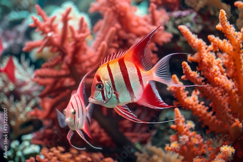 Vibrant Old World Lionfish Pterois Swimming Amongst Vivid Coral Reef in Tropical Underwater Scene photo