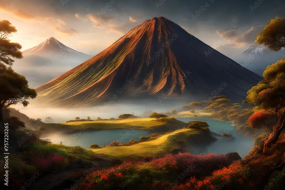 mountain at sunset generated by AI technology   - obrazy, fototapety, plakaty 