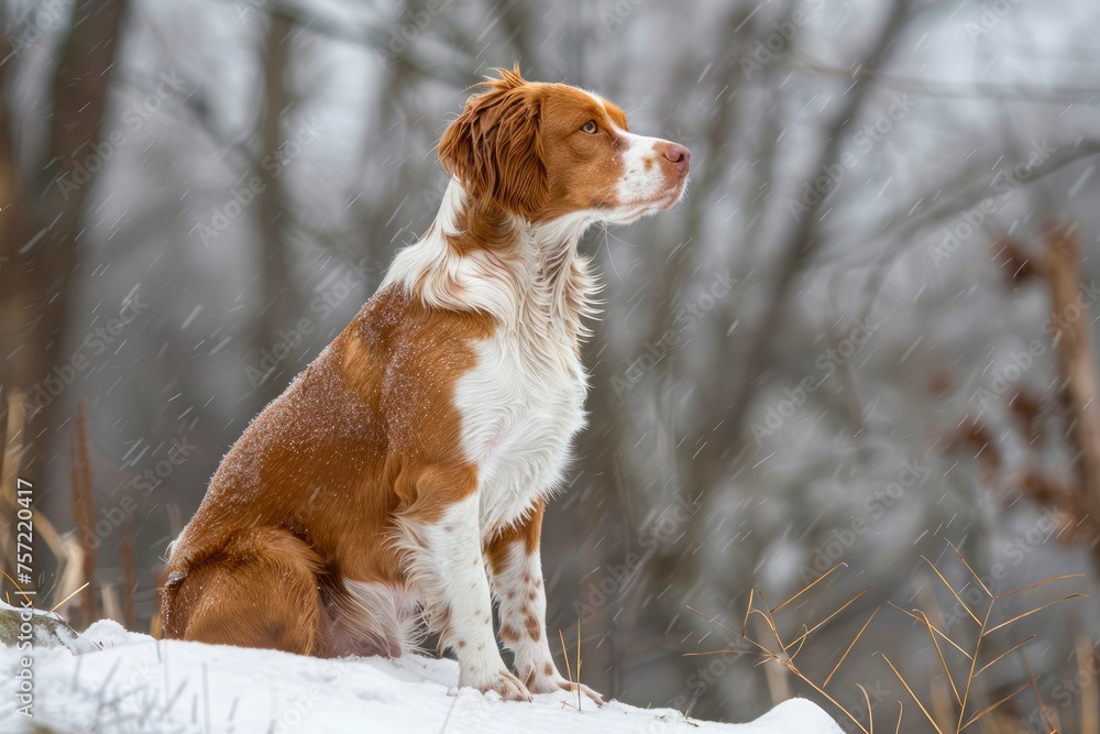 Majestic Brown and White Dog Sitting on Snowy Ground in a Wintery Forest Setting