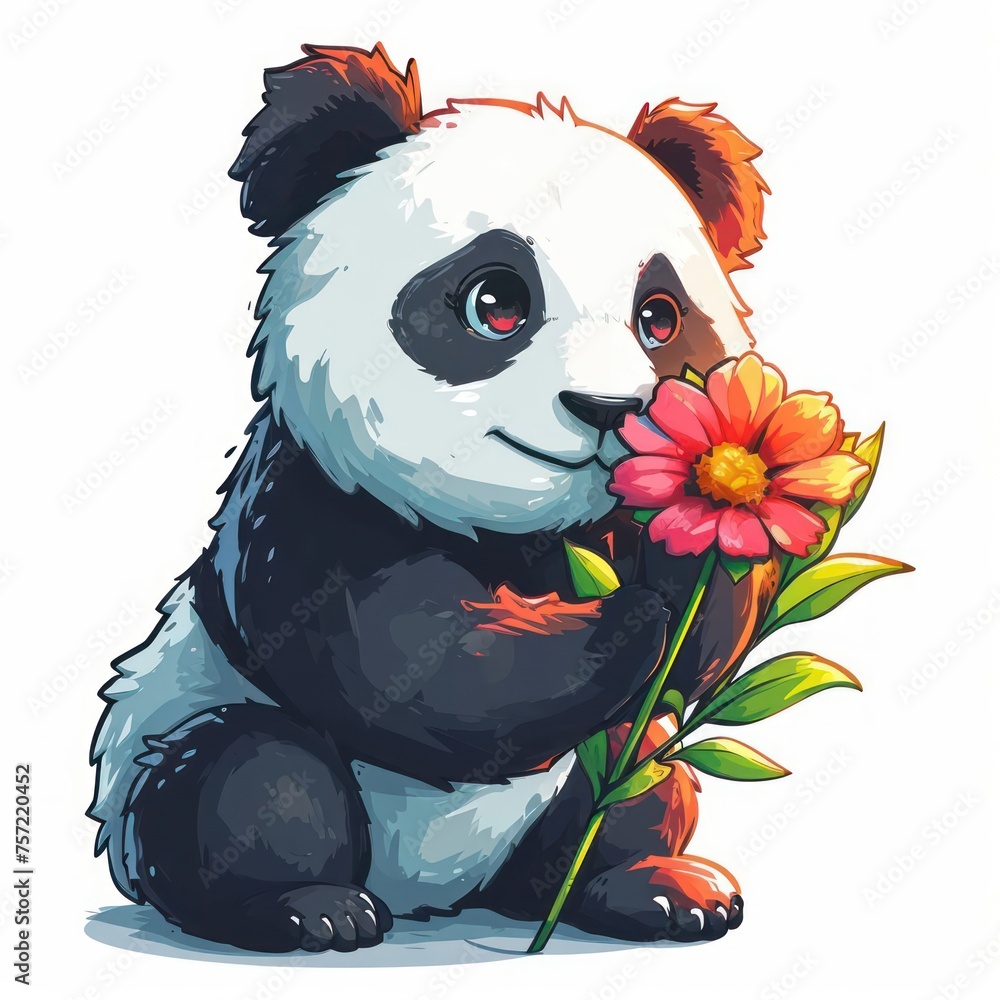 Obraz premium Cute kawaii panda smelling a flower, colorful cartoon icon