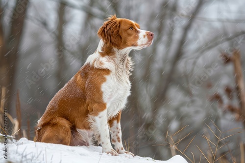 Majestic Brown and White Dog Sitting on Snowy Ground in a Wintery Forest Setting