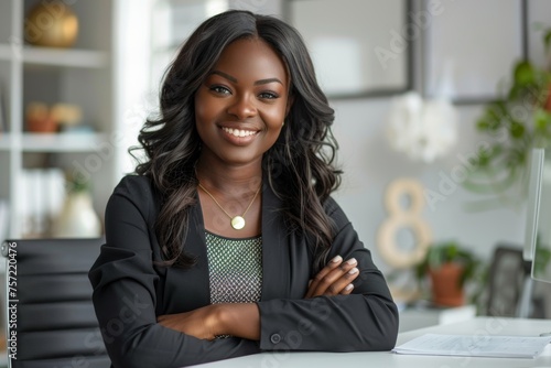 black business woman smiling and leaning on office desk while looking at camera in a modern and bright office. Business woman concept