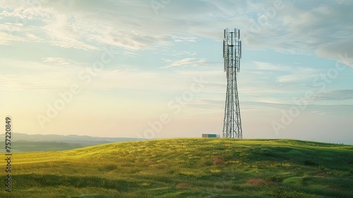 Network signal tower on hill in green meadow with clear blue sky on a sunny