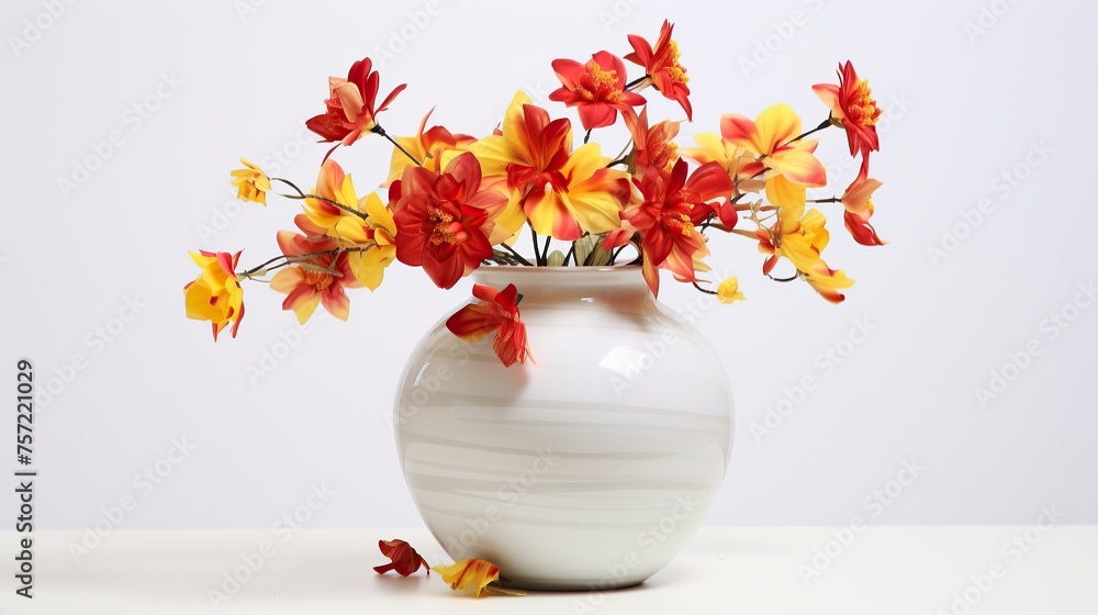 Small yellow flowers , red flowers in a vase, Small yellow flowers , red flowers in a vase,