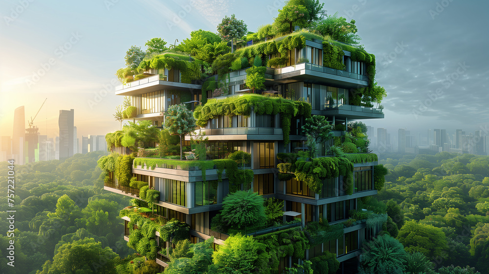 A modern building featuring lush vertical gardens stands as a beacon of green architecture in the heart of a sprawling urban landscape.