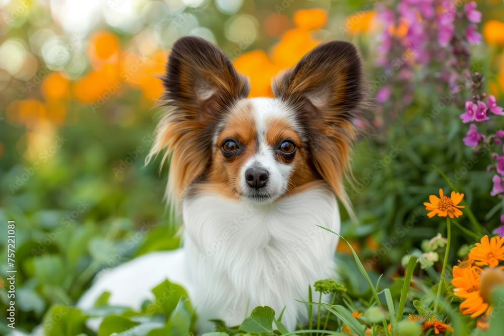 Charming Papillon Dog with Alert Ears Sitting in Vibrant Flower Garden - Nature and Pet Themed Image, Ideal for Greeting Cards and Wall Art