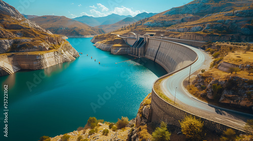 A sweeping road curves gracefully along the edge of a dam's reservoir, flanked by rugged mountains under a clear sky.