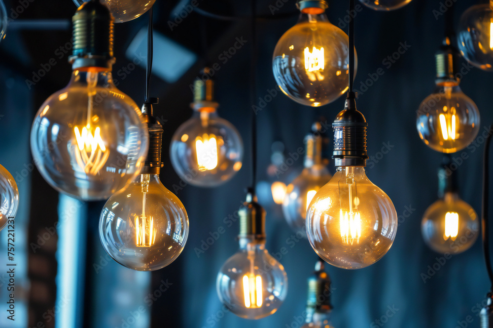 a bunch of light bulbs hanging from the ceiling, round retro bulbs. 