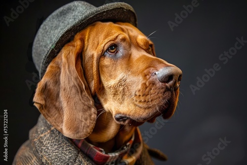 Sagacious Brown Bloodhound Dog in Stylish Gray Hat Portraying Human-like Wisdom and Composure on Dark Background