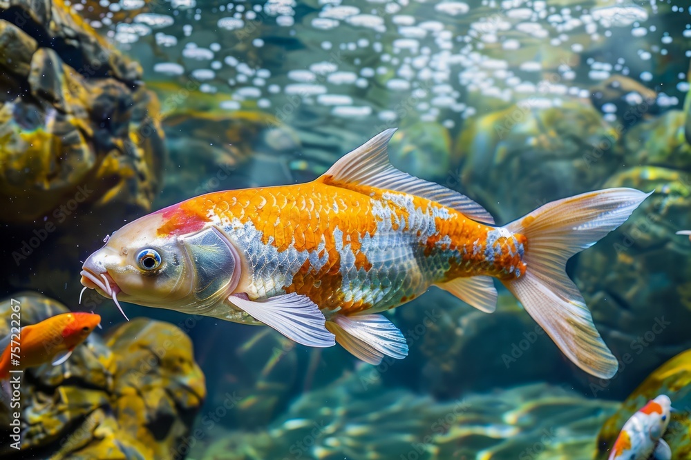 Vibrant Koi Fish Swimming Gracefully in Clear Pond with Sunlight Reflecting on Shimmering Scales, Underwater Serenity Vibrant Koi Fish Swimming Gracefully in Clear Pond with Sunlight Reflecting on Shimmering Scales, Underwater Serenity
