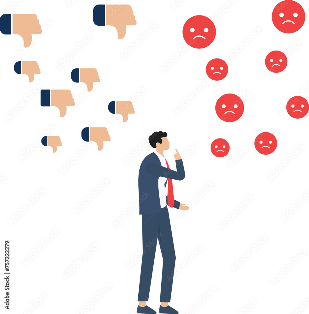 Businessman run away from attacks by dislike and thumb down, cyber bulling concept with negative review
Businessman run away from attacks by dislike and thumb down, cyber bulling concept with negative review