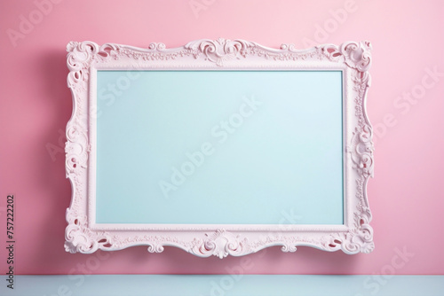 Envision the flawless beauty of a blank frame on a soft color wall, an ideal backdrop for your artistic expressions.