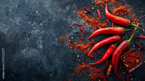 Raw chili peppers on dark background, Food photography photo