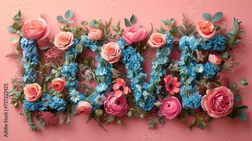 Composition of multi-colored flowers on pink background, creating carefree and whimsical image word LOVE