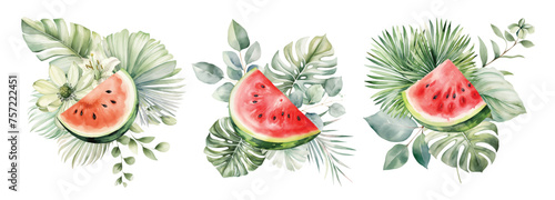 Watercolor tropical bouquet with watermelon, flowers and palm leaves illustration