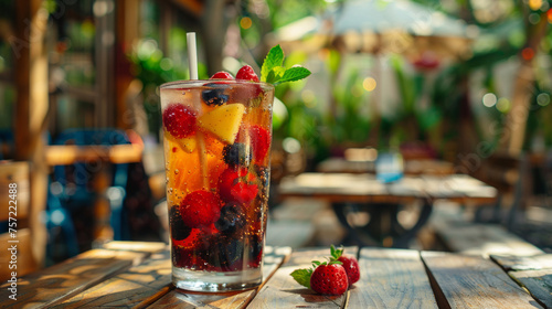 A delicious-looking summer beverage with fresh strawberries and blackberries served on a wooden table