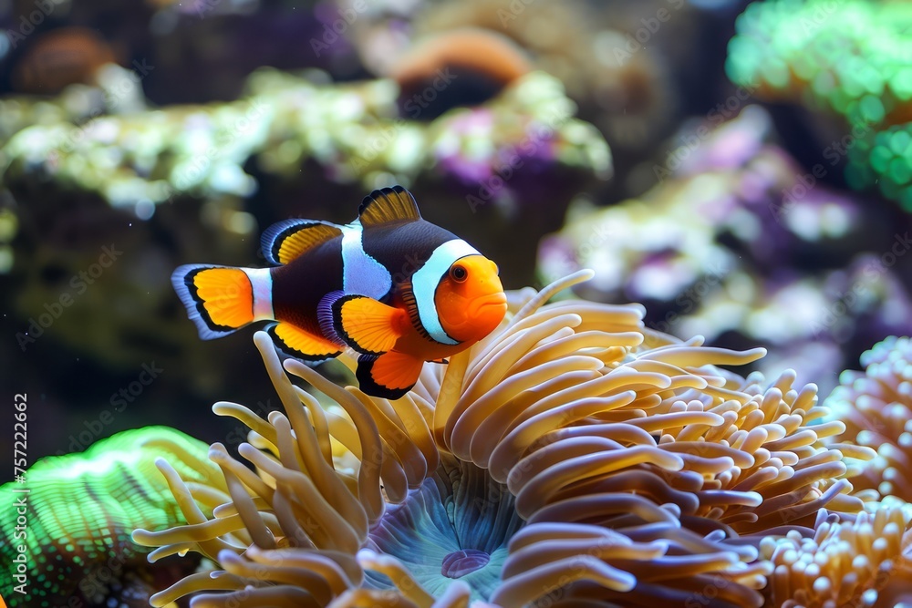 Close-up of a Vibrant Clownfish Swimming Near Colorful Sea Anemone in a Coral Reef Aquarium Setting Close-up of a Vibrant Clownfish Swimming Near Colorful Sea Anemone in a Coral Reef Aquarium Setting