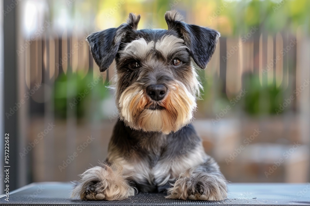 Adorable Schnauzer Dog with Distinctive Eyebrows and Whiskers Posing Outdoors on a Sunny Day, Pet Portrait for Animal Lovers