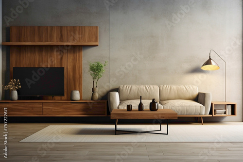 Envision a contemporary living space with wooden furniture against a textured concrete wall. A vacant poster frame encourages your creative designs.