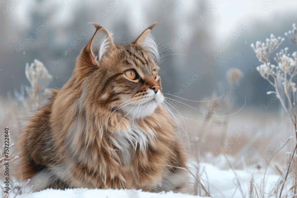Majestic Fluffy Maine Coon Cat Sitting in Snowy Field with Frosty Plants, Calm Winter Day, Pet in Nature Majestic Fluffy Maine Coon Cat Sitting in Snowy Field with Frosty Plants, Calm Winter Day, Pet in Nature