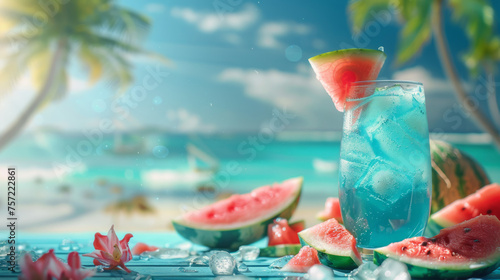 A picturesque beachside setting featuring a tropical drink accented with a slice of watermelon photo