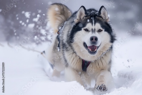 Excited Siberian Husky Running Joyfully Through Snowy Landscape in Winter Season © pisan
